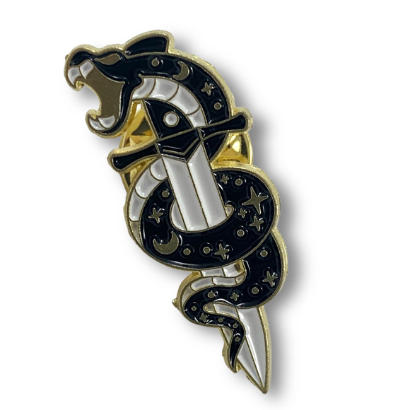 Gold enamel galaxy hissing snake on a sword pin - Picture 3 of 9